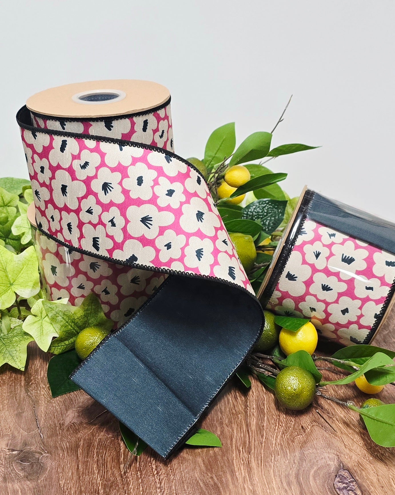 Ribbon - 4" x 10yd, Black, White, Fushia Floral
