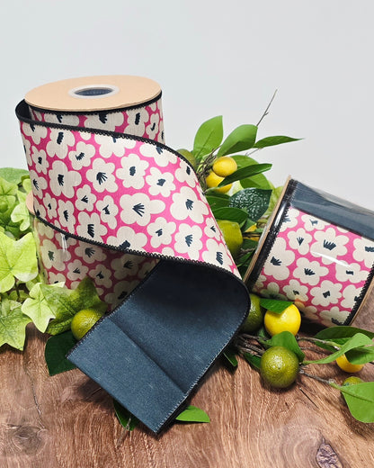 Ribbon - 4" x 10yd, Black, White, Fushia Floral
