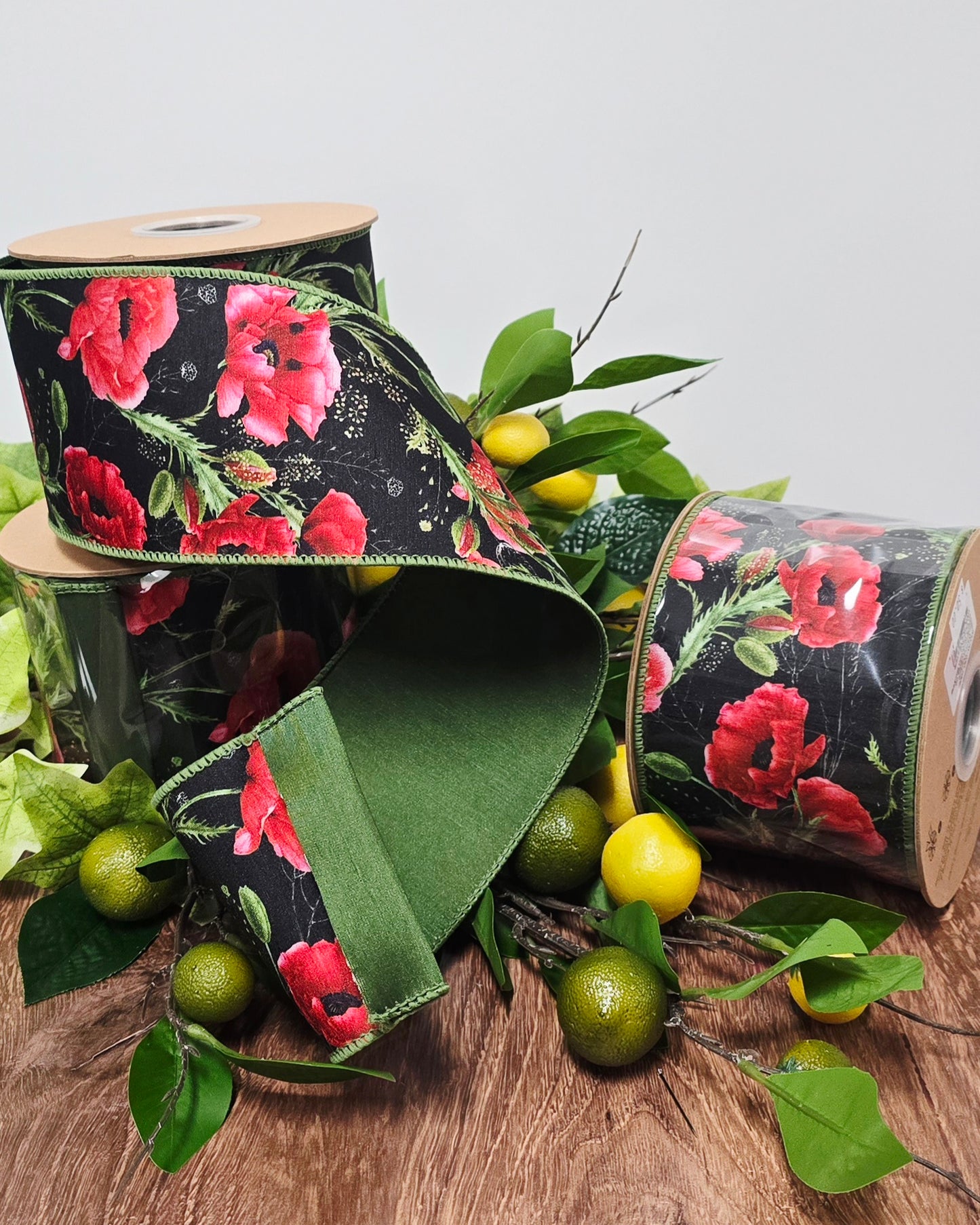 Ribbon - 4" x 10yd, Black Red Poppies Ribbon