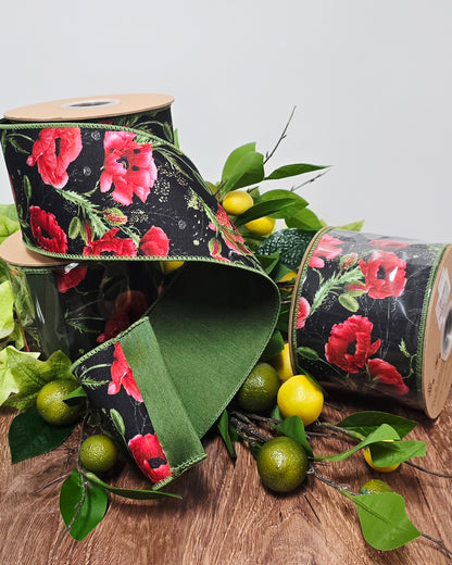 Ribbon - 4" x 10yd, Black Red Poppies Ribbon