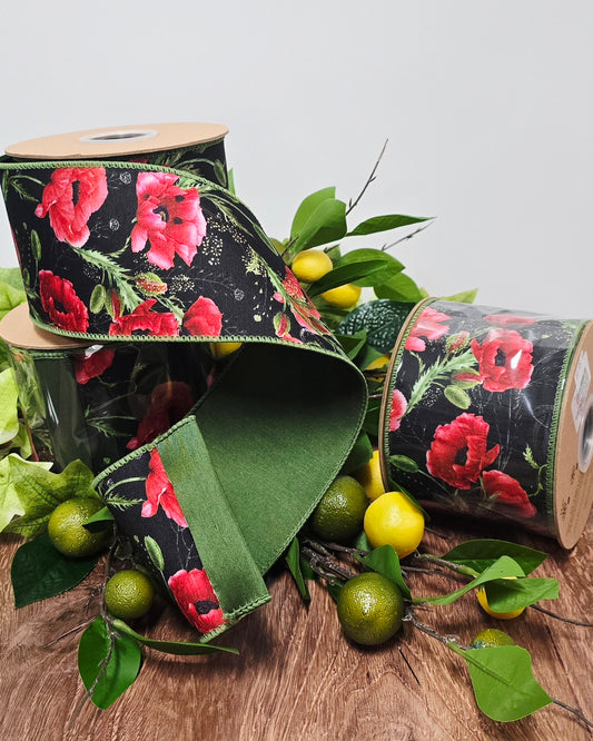 Ribbon - 4" x 10yd, Black Red Poppies Ribbon