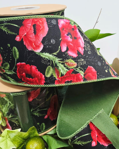 Ribbon - 4" x 10yd, Black Red Poppies Ribbon