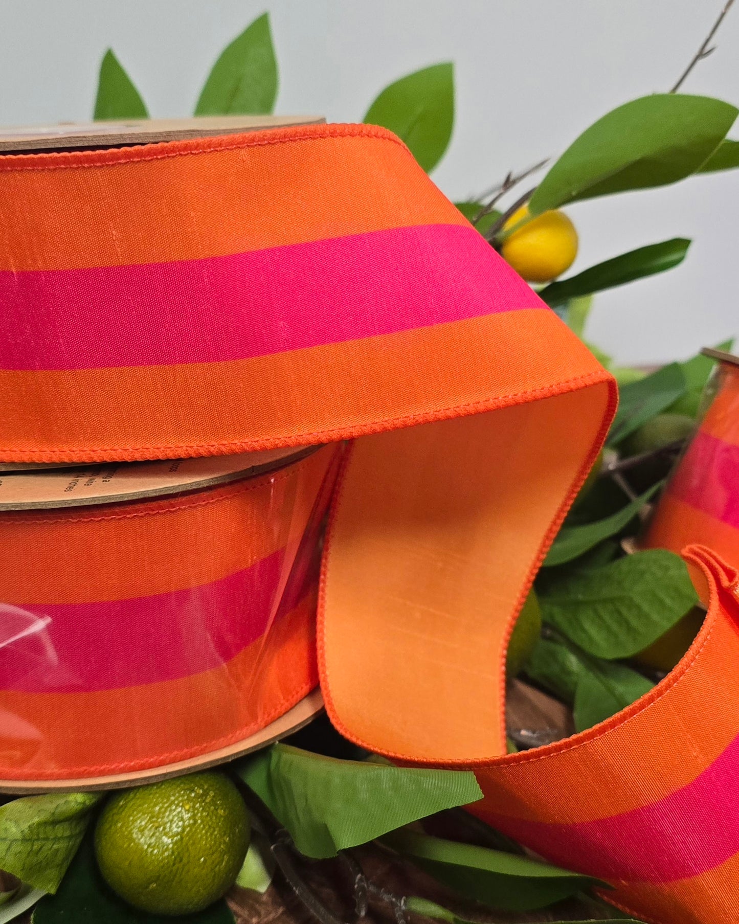 Ribbon - 2.5" x 10yd, Orange with Fushia Stripe