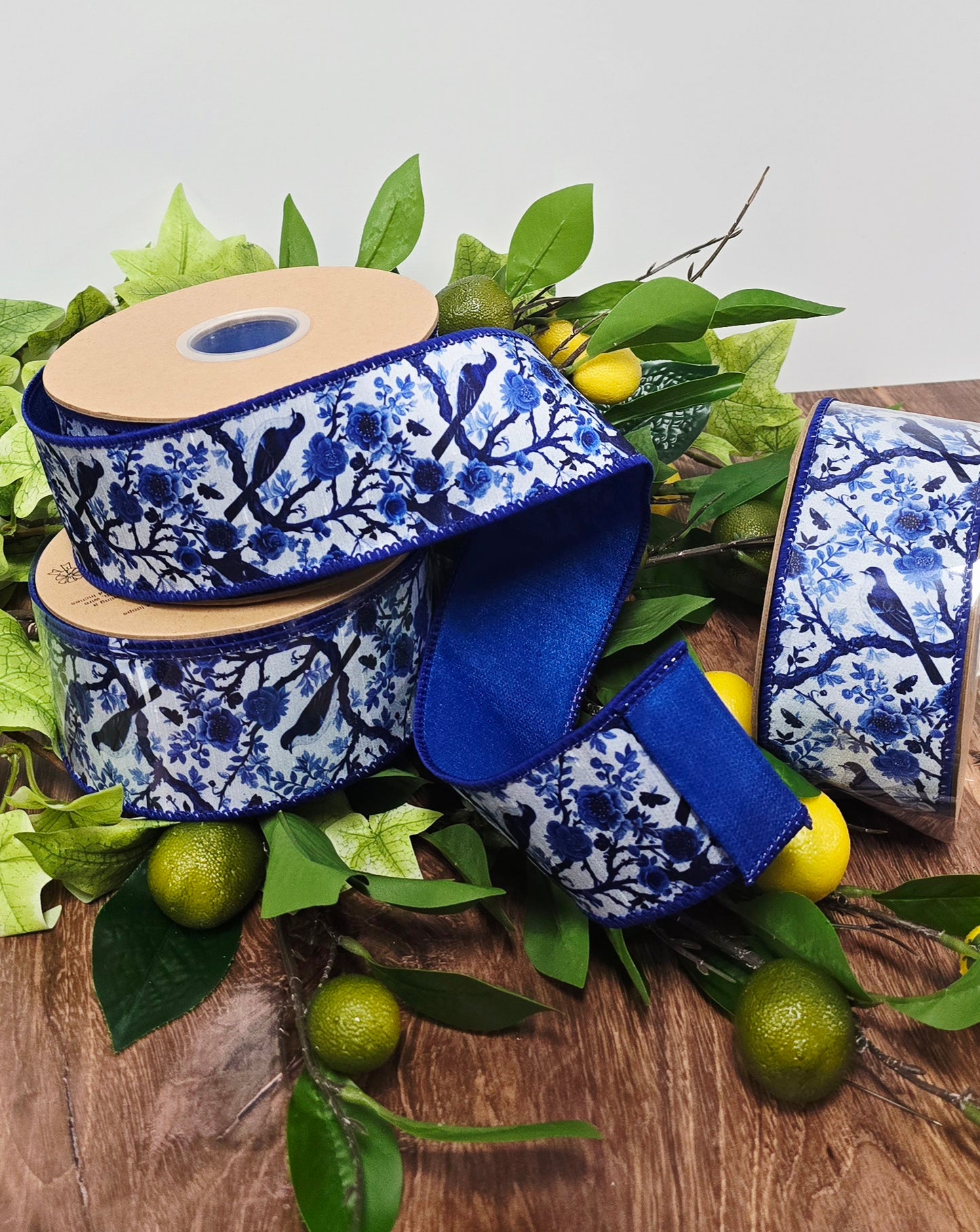 Ribbon - 2.5" x 10yd, Blue White Asiatic Birds