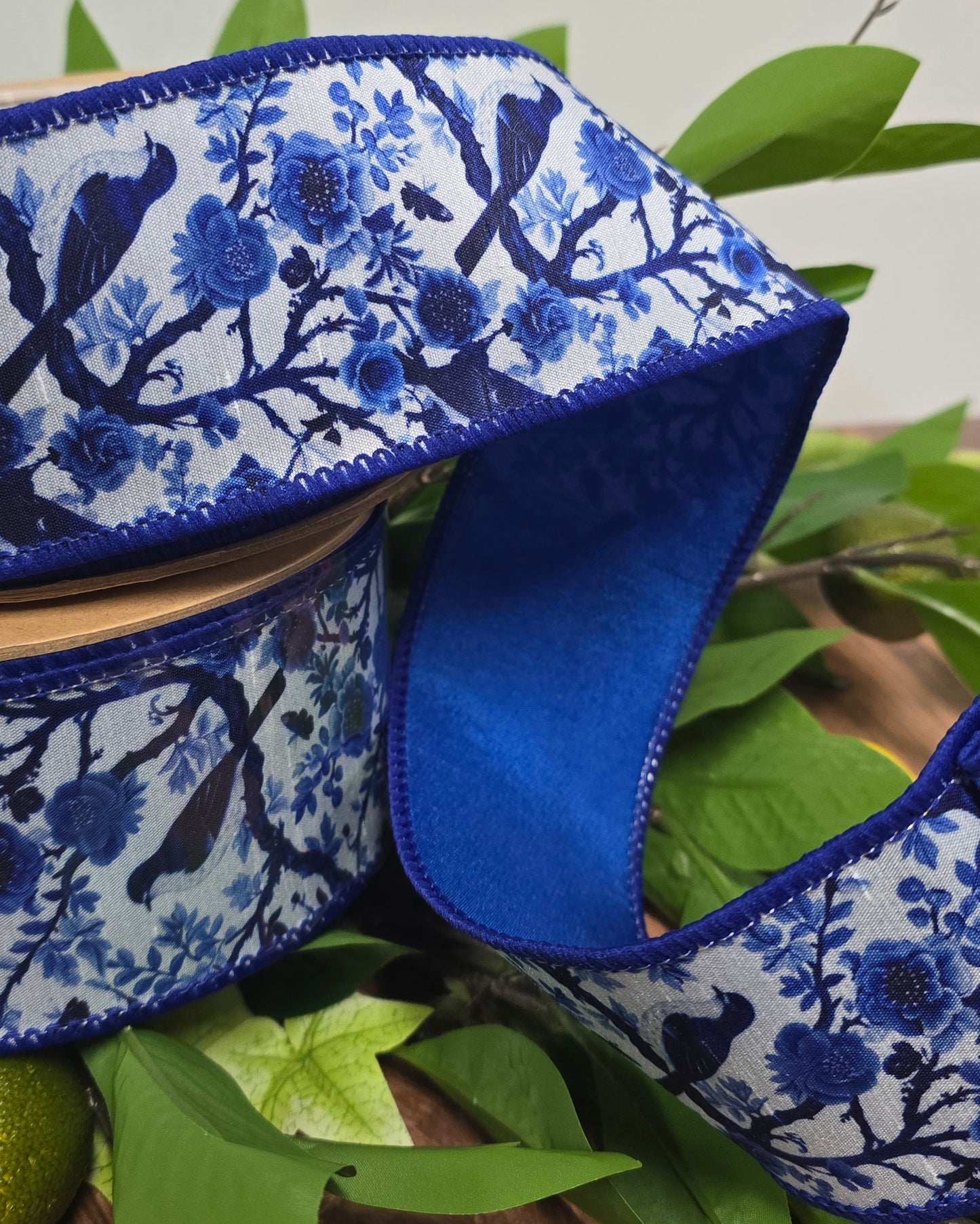 Ribbon - 2.5" x 10yd, Blue White Asiatic Birds