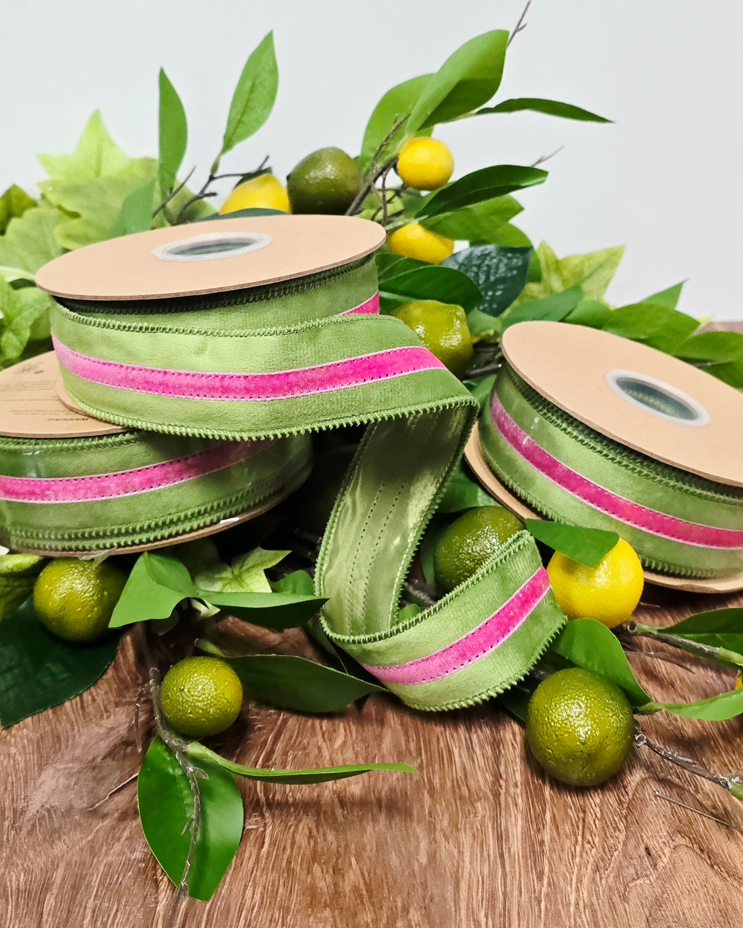 Ribbon - 1.5" x 10yd, Lime with Fushia Velvet Stripe