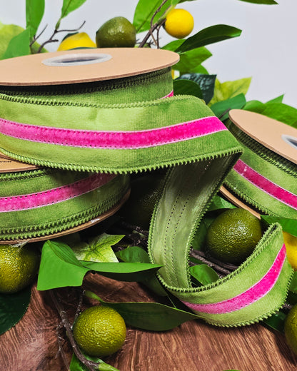Ribbon - 1.5" x 10yd, Lime with Fushia Velvet Stripe