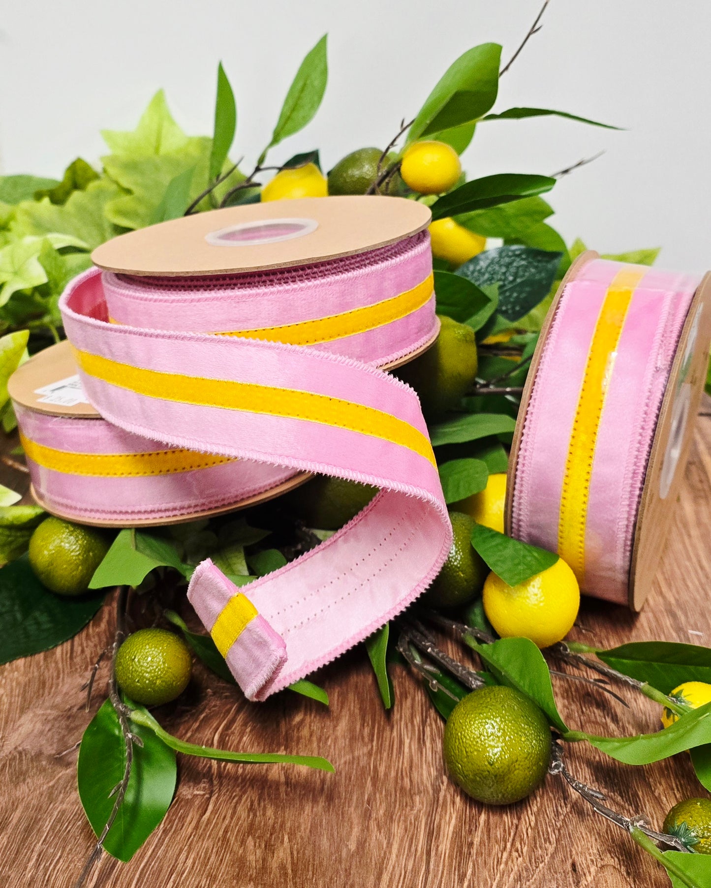 Ribbon - 1.5" x 10yd, Pink with Yellow Velvet Stripe