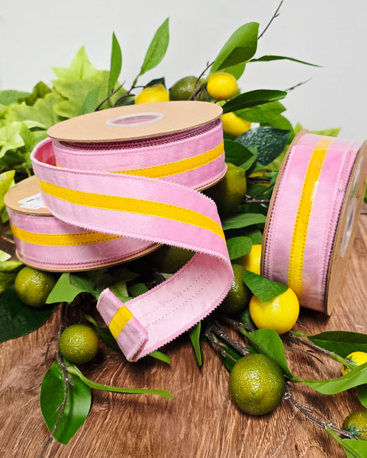 Ribbon - 1.5" x 10yd, Pink with Yellow Velvet Stripe