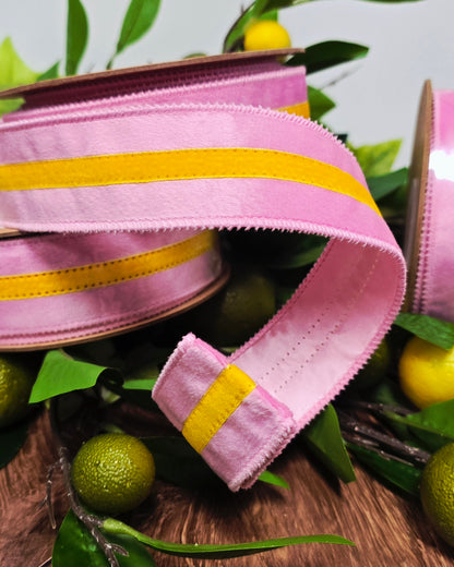 Ribbon - 1.5" x 10yd, Pink with Yellow Velvet Stripe