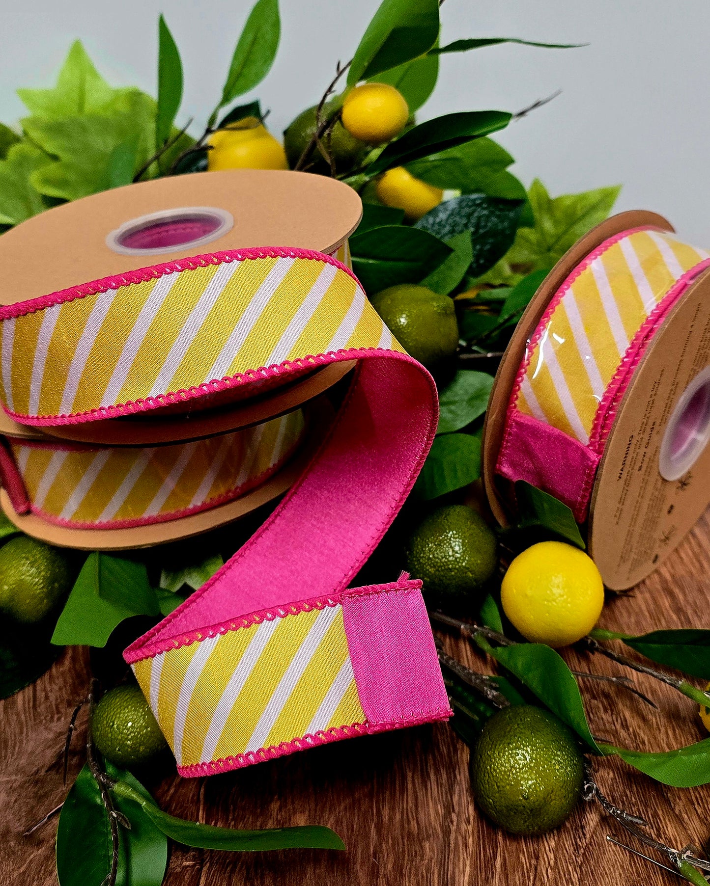 Ribbon - 1.5" x 10yd, Yellow White Fushia Diagonal Stripe
