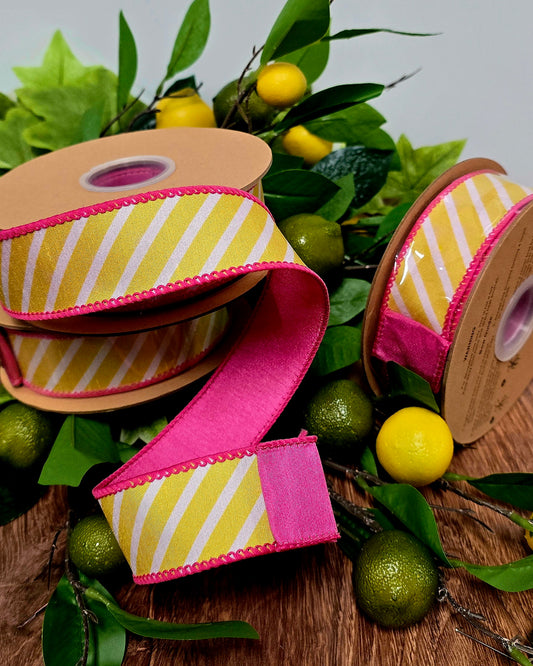 Ribbon - 1.5" x 10yd, Yellow White Fushia Diagonal Stripe