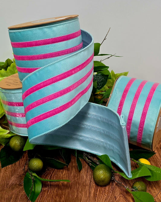 Ribbon - 4" x 10yd, Sky Blue with Fushia Velvet Stripe