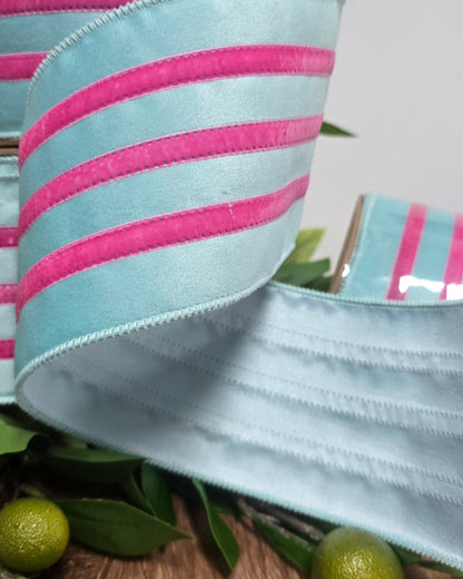 Ribbon - 4" x 10yd, Sky Blue with Fushia Velvet Stripe