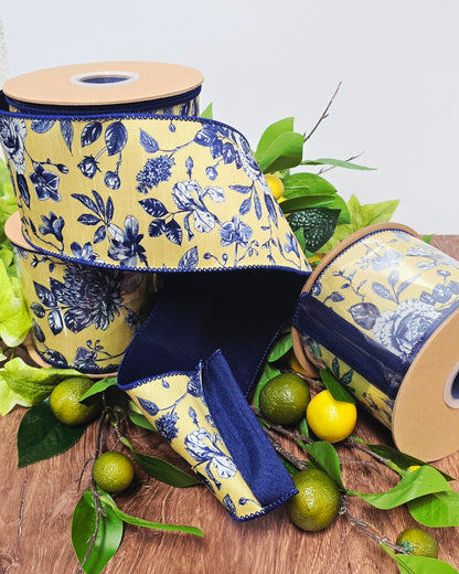 Ribbon - 4" x 10yd, Blue & Yellow Toile