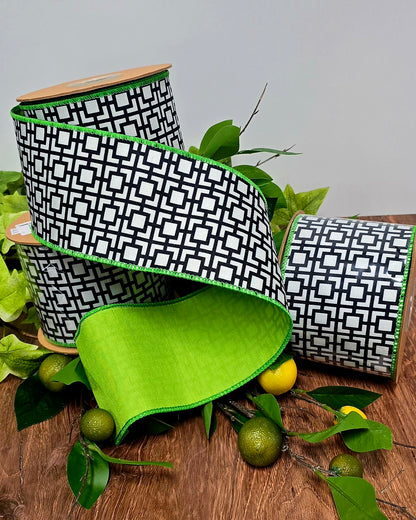 Ribbon - 4" x 10yd, Black, White, Lime Breeze Block