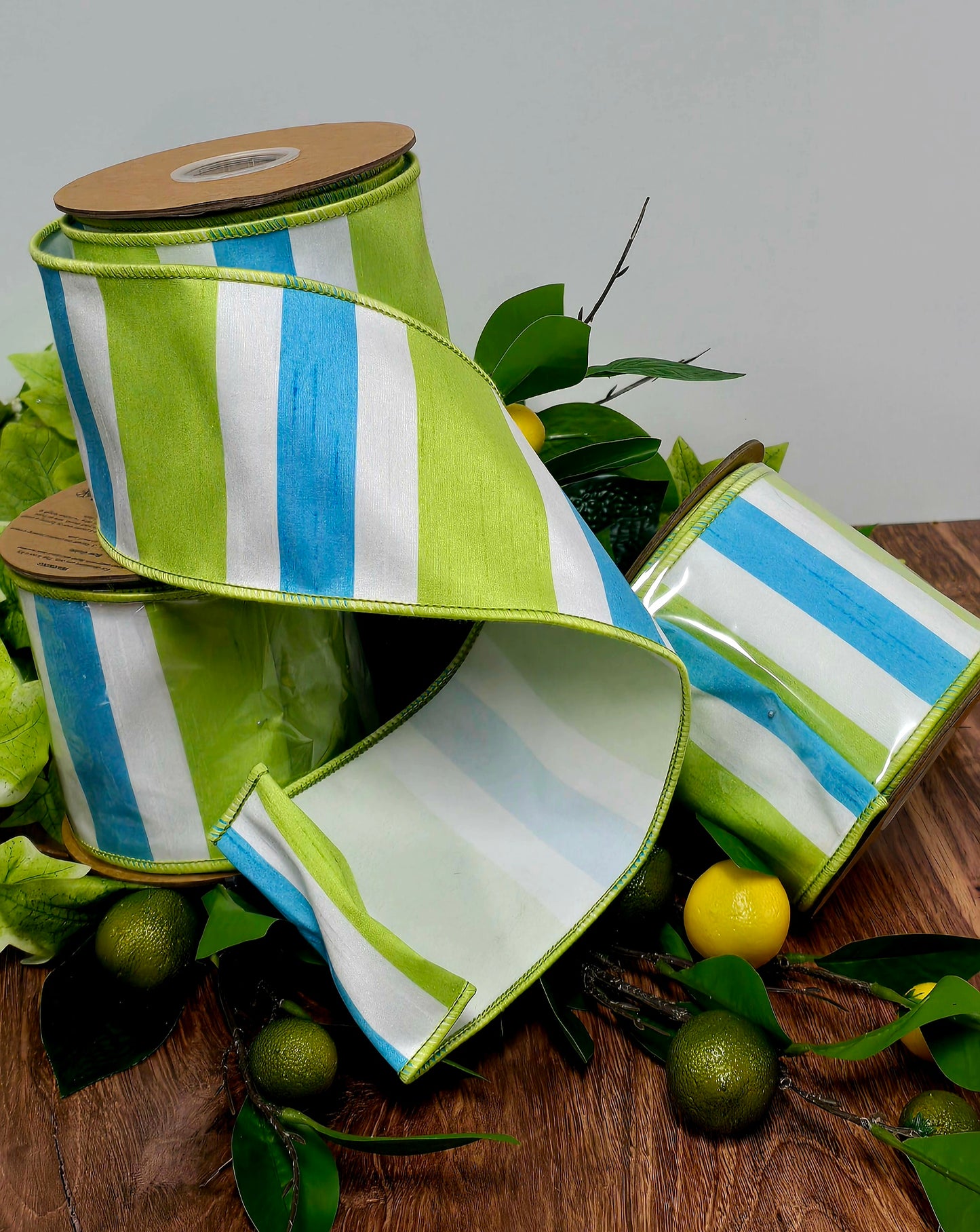 Ribbon - 4" x 10yd, Lime White Cerulean Cabana Stripe