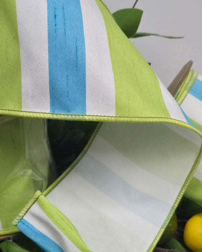 Ribbon - 4" x 10yd, Lime White Cerulean Cabana Stripe