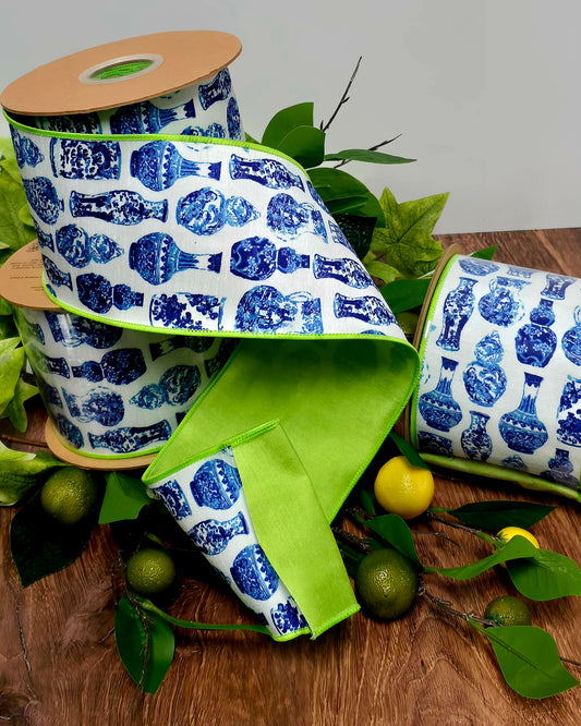 Ribbon - 4" x 10yd, Blue White Asiatic Pots with Lime Accent