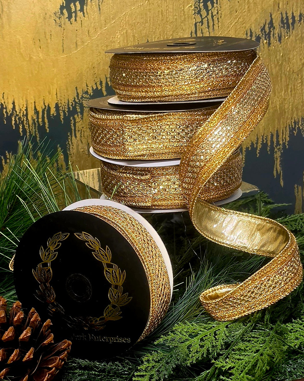 Ribbon - John Mark Enterprises - 1.5" Metallic Gold Woven with Gold Jewels