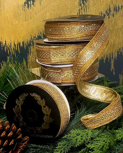 Ribbon - John Mark Enterprises - 1.5" Metallic Gold Woven with Gold Jewels