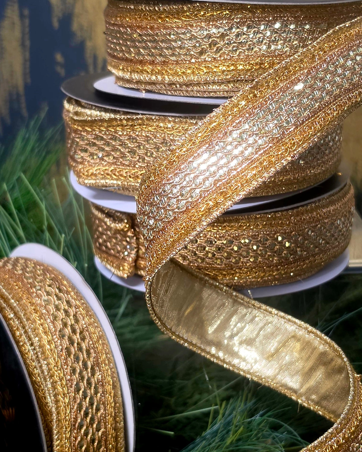Ribbon - John Mark Enterprises - 1.5" Metallic Gold Woven with Gold Jewels