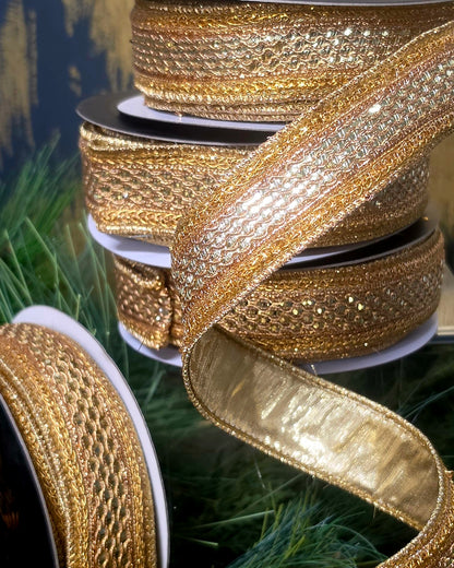 Ribbon - John Mark Enterprises - 1.5" Metallic Gold Woven with Gold Jewels