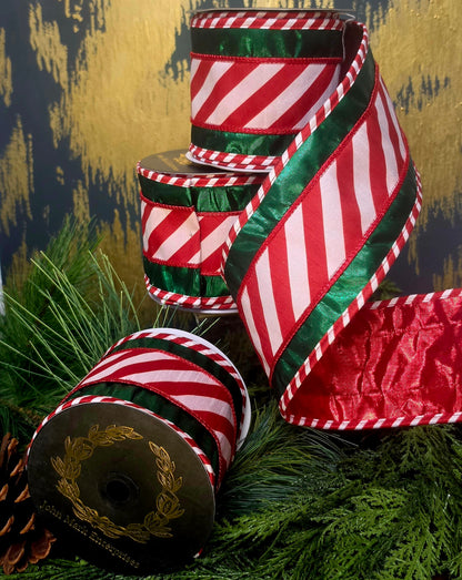 Ribbon - John Mark Enterprises - 4" Red & White Candy Stripe on Metallic Green