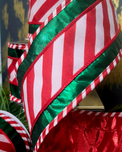 Ribbon - John Mark Enterprises - 4" Red & White Candy Stripe on Metallic Green