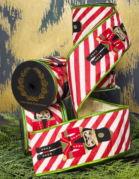 Ribbon - John Mark Enterprises - 4" Embroidered Candy Stripe Nutcracker