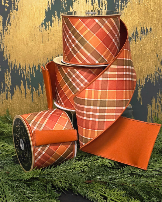 Ribbon - 4" Copper, Orange, Elm Green Plaid