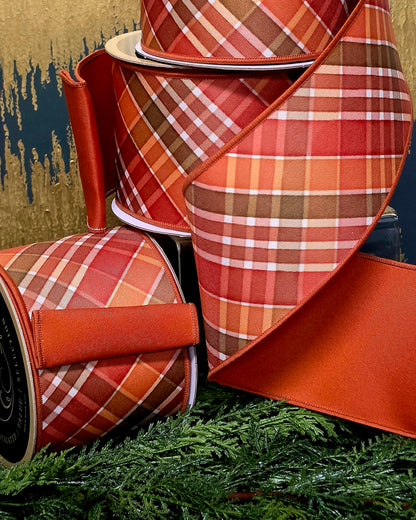 Ribbon - 4" Copper, Orange, Elm Green Plaid