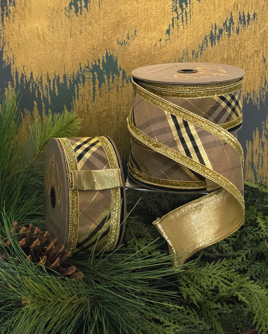 Ribbon - 2.5" x 10yd, Burberry Style Check with Gold Back
