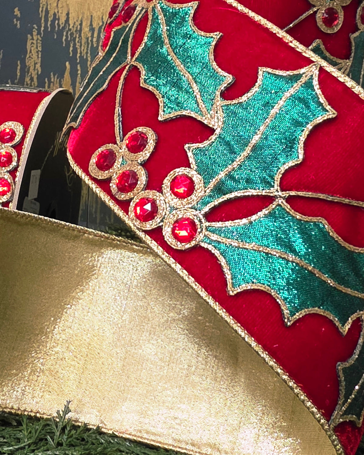 Ribbon - 4" Red Velvet with Jeweled Holly Applique