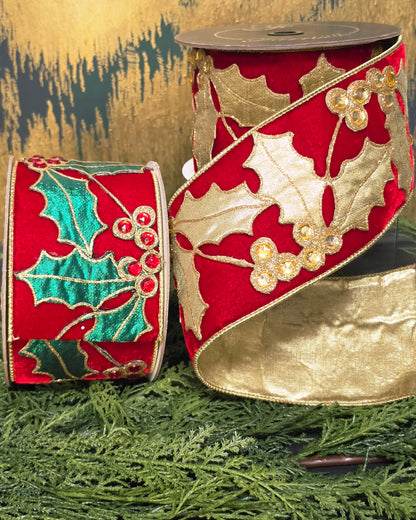 Ribbon - 4" Red Velvet with Jeweled Holly Applique