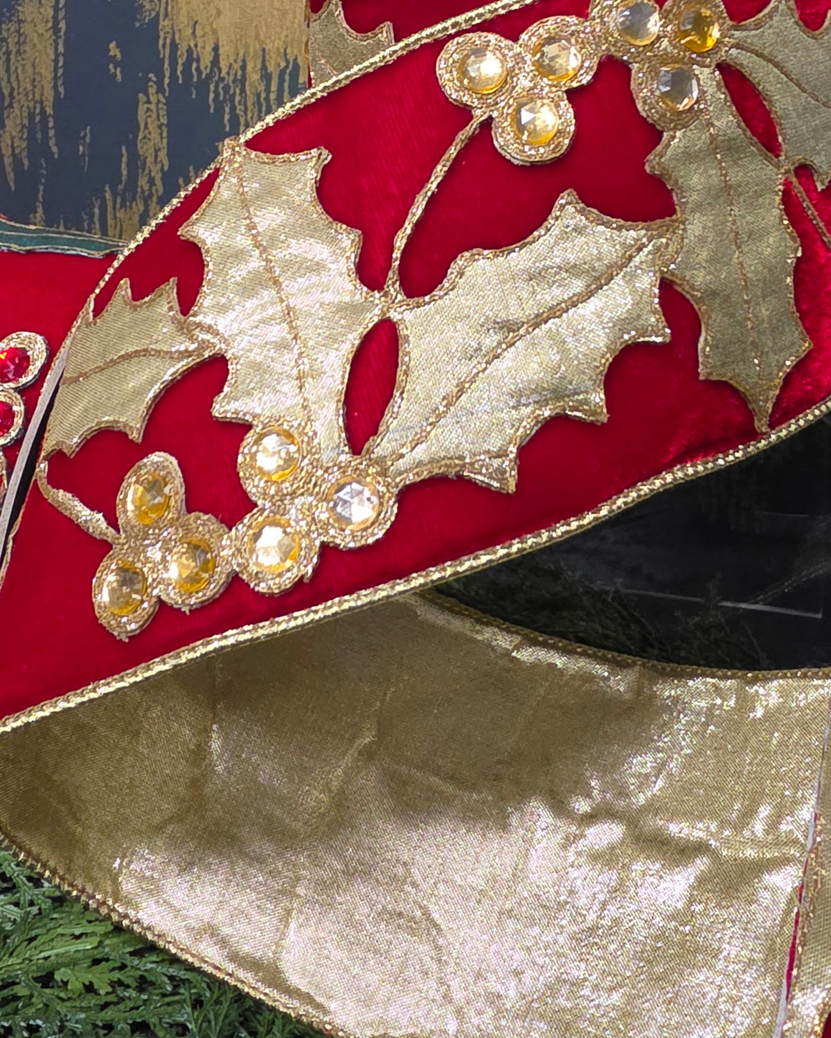 Ribbon - 4" Red Velvet with Jeweled Holly Applique