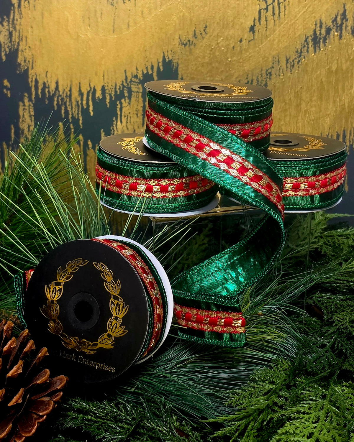 Ribbon - John Mark Enterprises - 1.5" Metallic Green with Red & Gold Metallic Embroidery