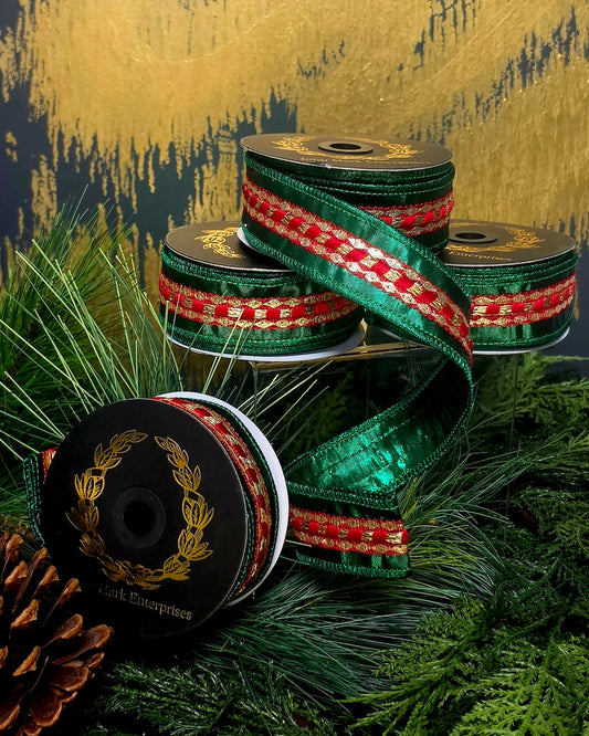 Ribbon - John Mark Enterprises - 1.5" Metallic Green with Red & Gold Metallic Embroidery