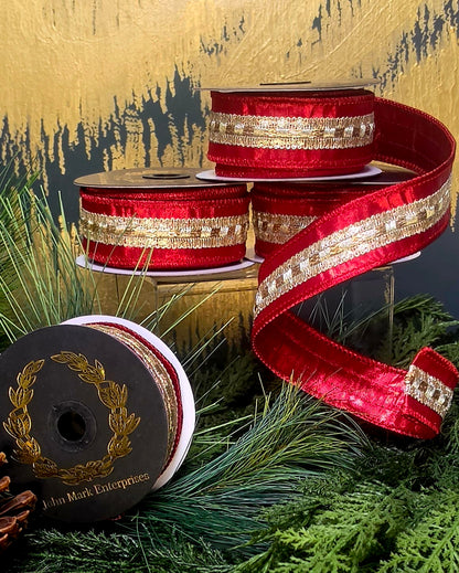 Ribbon - John Mark Enterprises - 1.5" Metallic Red with Gold Metallic Embroidery