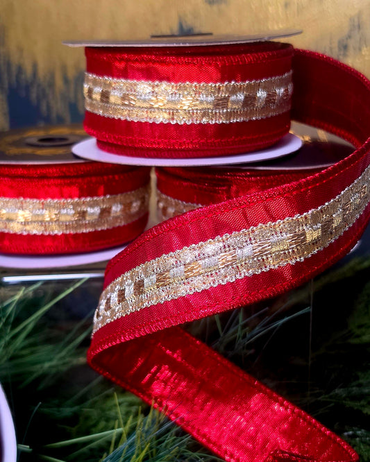 Ribbon - John Mark Enterprises - 1.5" Metallic Red with Gold Metallic Embroidery