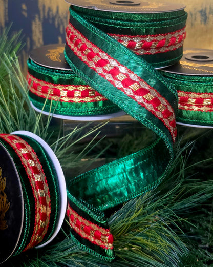 Ribbon - John Mark Enterprises - 1.5" Metallic Green with Red & Gold Metallic Embroidery
