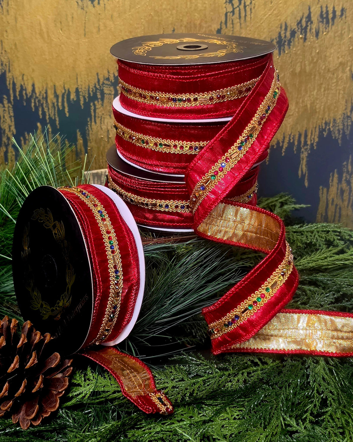 Ribbon - John Mark Enterprises - 1.5" Jewel Trimmed Metallic Red with Gold