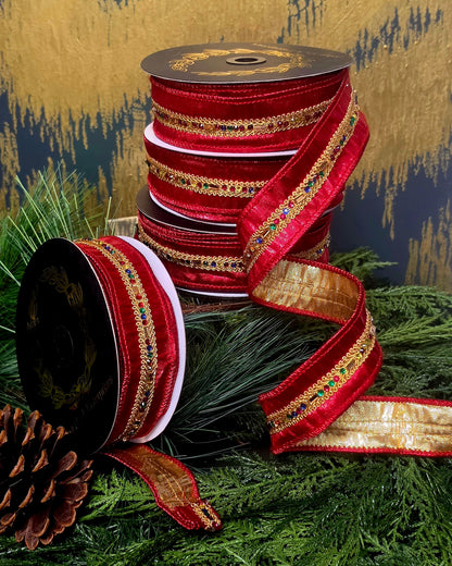 Ribbon - John Mark Enterprises - 1.5" Jewel Trimmed Metallic Red with Gold