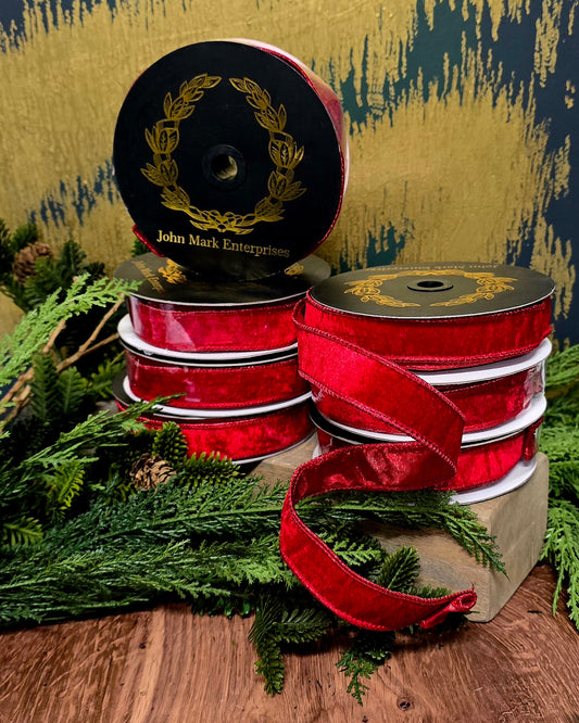 Ribbon - John Mark Enterprises - 1" Red Velvet with Metallic Back