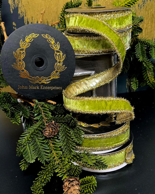 Ribbon - John Mark Enterprises - 1" Apple Green Velvet with Gold Tinsel Edge