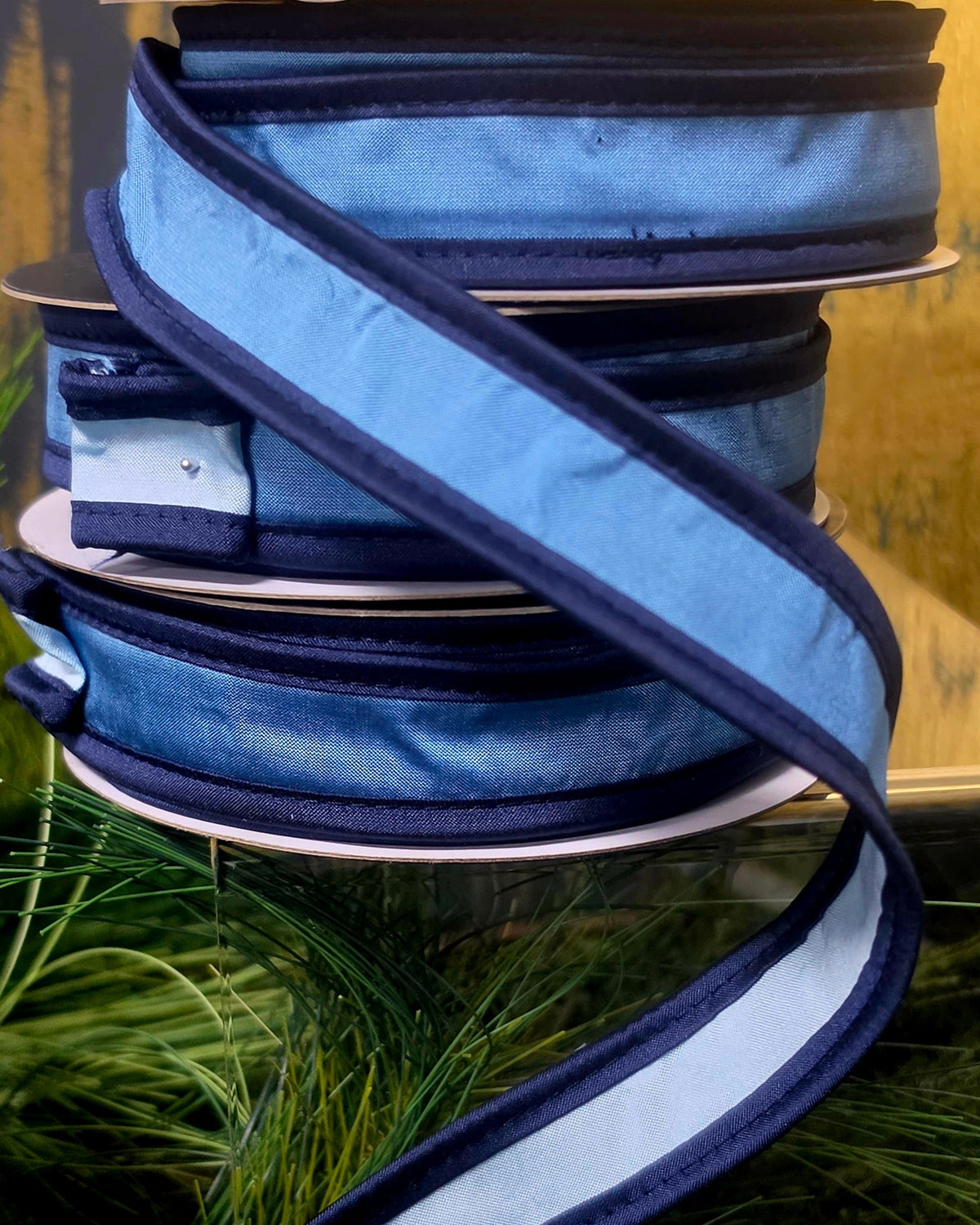 Ribbon - John Mark Enterprises - 1" Wedgewood Blue Taffeta with Navy Piping