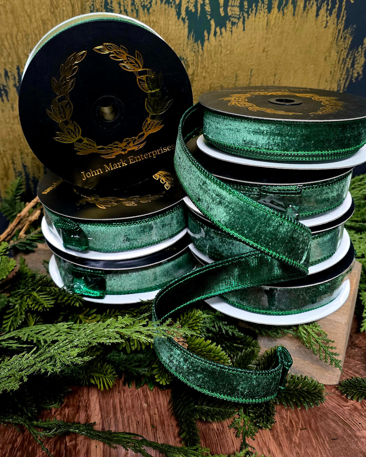Ribbon - John Mark Enterprises - 1" Emerald Velvet with Metallic Back