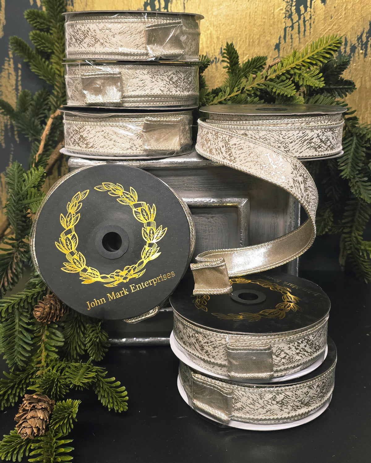 Ribbon - John Mark Enterprises - 1" Ivory Velvet with Champagne Print