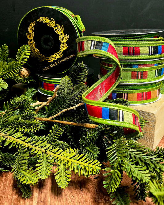 Ribbon - John Mark Enterprises - 1" Red Lime Cobalt Holiday Plaid