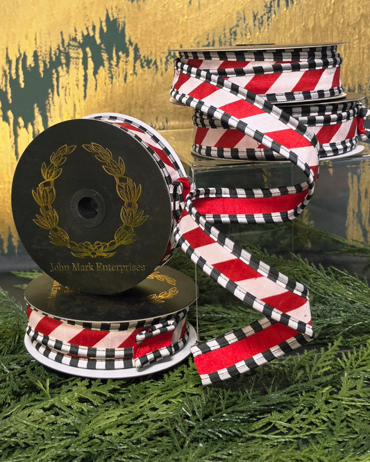 Ribbon - John Mark Enterprises - 1" Red & White Candy Stripe with Black Check Piping